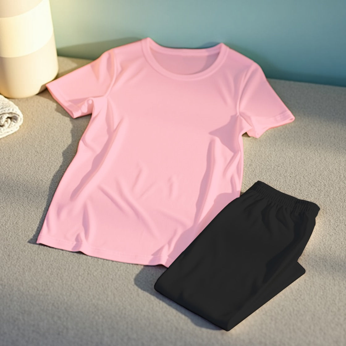 Pink and black drop shoulder and pajama  woman night suit