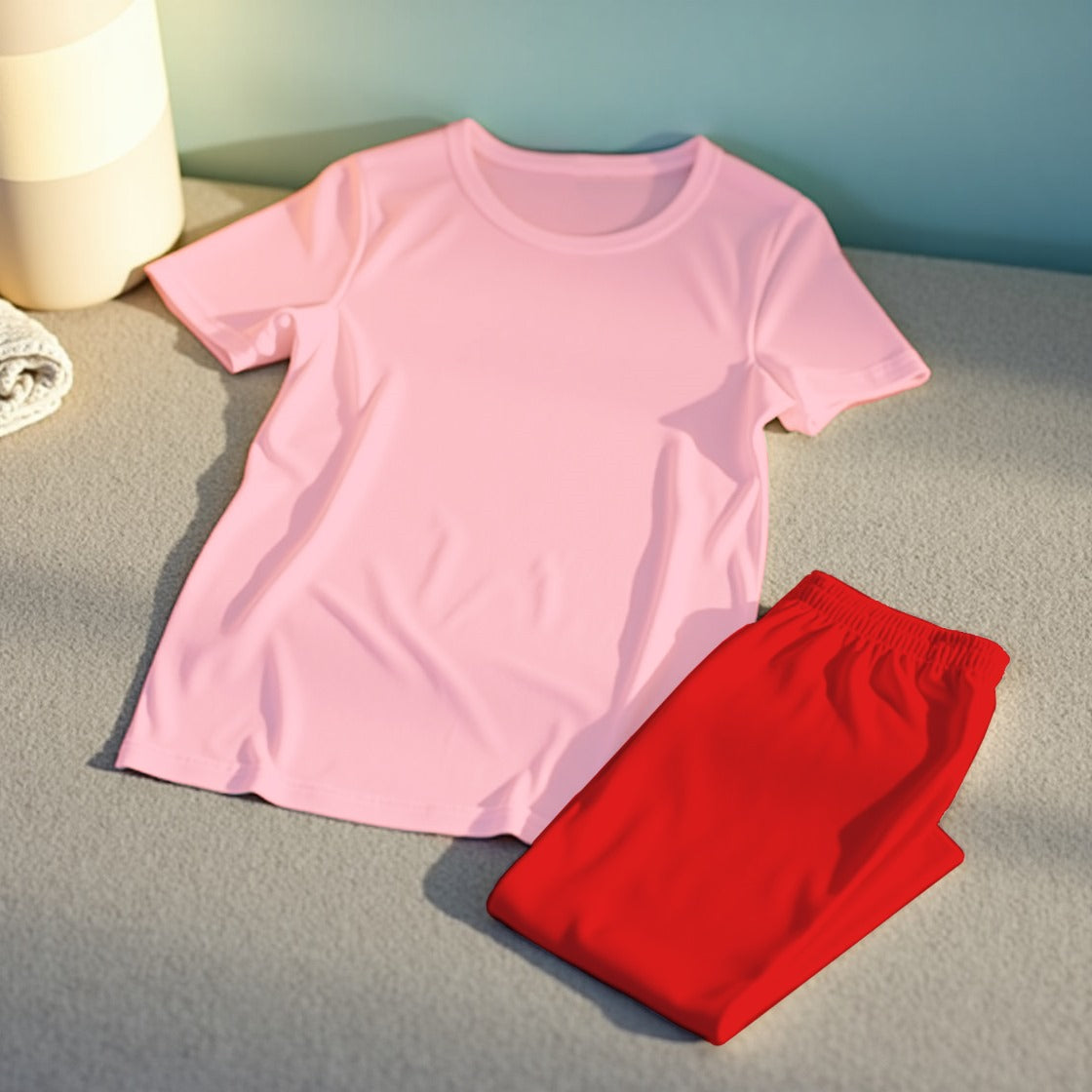 pink and red woman night suit