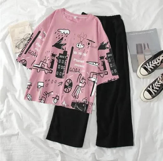 Pink planet printed  night suit
