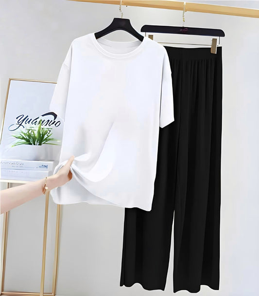white drop shoulder & black pajama  woman night