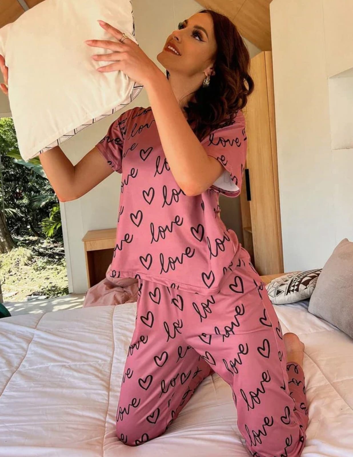 T-Pink Love Heart Printed Night Suit