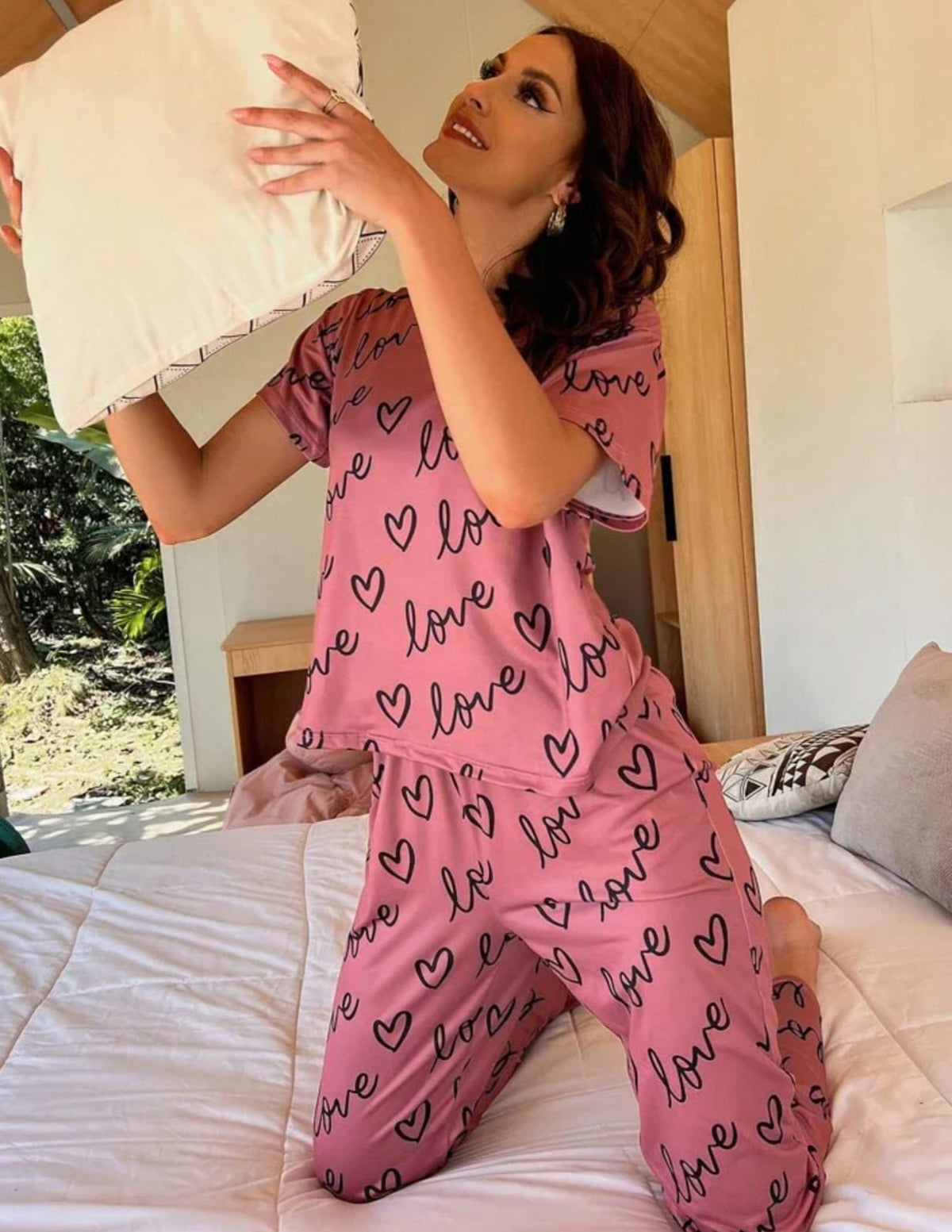 T-Pink Love Heart Printed Night Suit