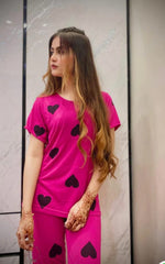 Pink Love Heart Printed Night Suit