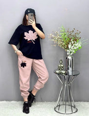 Pink Maple Leaf Printed Track Suit