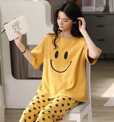 Yellow Smiley Printed Night Suit
