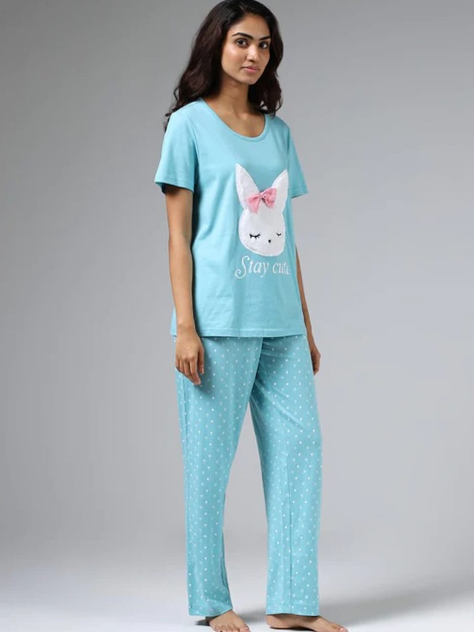 Blue Stay Cute Printed Night Suit