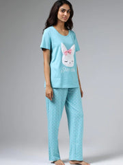 Blue Stay Cute Printed Night Suit