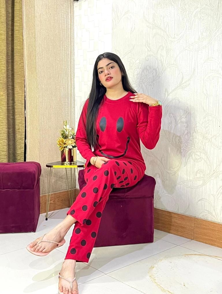 Red Smiley Full Sleeves Printed Pajama Night Suit