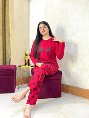 Red Smiley Full Sleeves Printed Pajama Night Suit