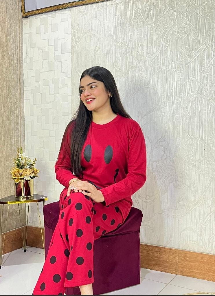 Red Smiley Full Sleeves Printed Pajama Night Suit