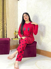 Red Smiley Full Sleeves Printed Pajama Night Suit