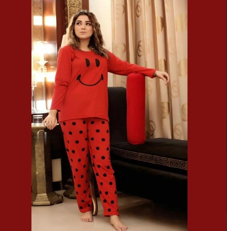 Red Smiley Full Sleeves Printed Pajama Night Suit