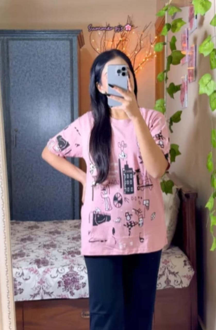 Pink Planet Music With Black Pajama Printed Night suit