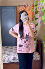 Pink Planet Music With Black Pajama Printed Night suit