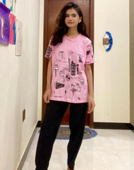 Pink Planet Music With Black Pajama Printed Night suit