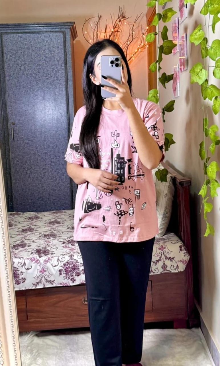 Pink Planet Music With Black Pajama Printed Night suit