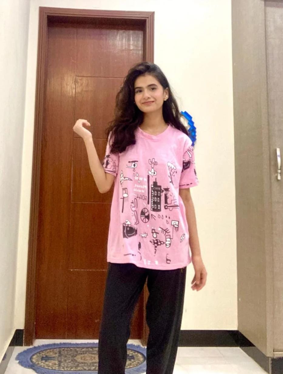 Pink Planet Music With Black Pajama Printed Night suit