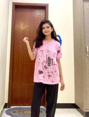 Pink Planet Music With Black Pajama Printed Night suit