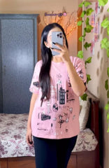 Pink Planet Music With Black Pajama Printed Night suit