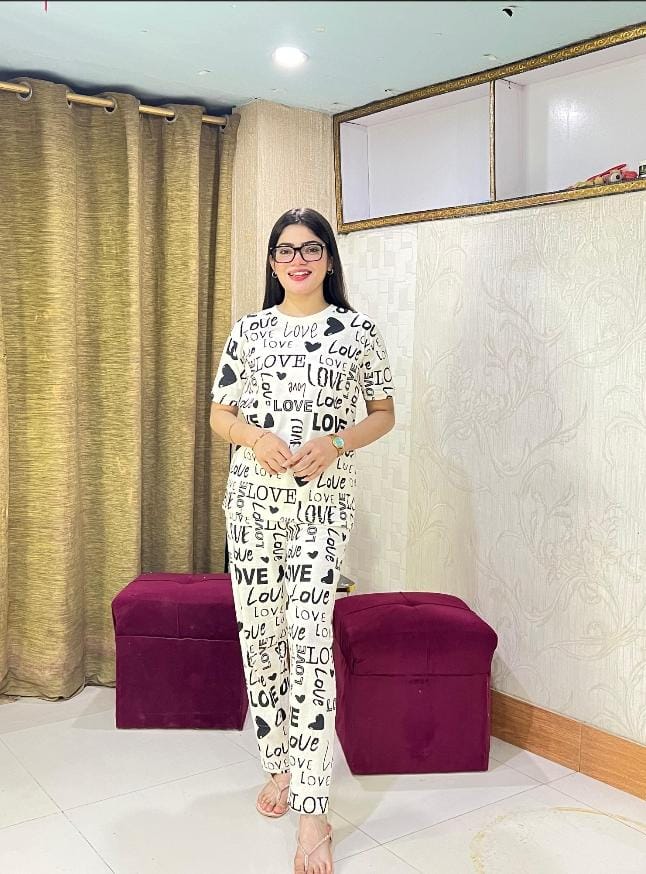 White Drop Shoulder Printed Night Suit