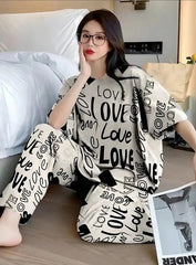 White Drop Shoulder Printed Night Suit