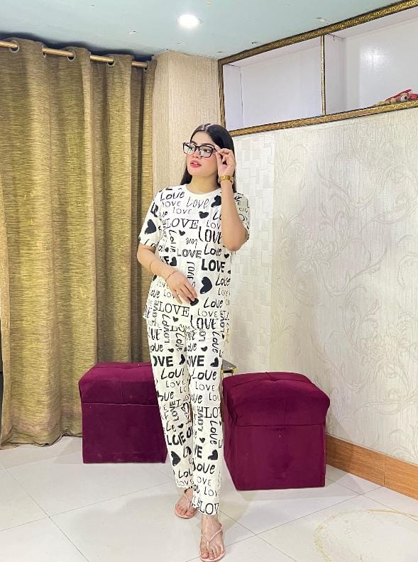 White Drop Shoulder Printed Night Suit