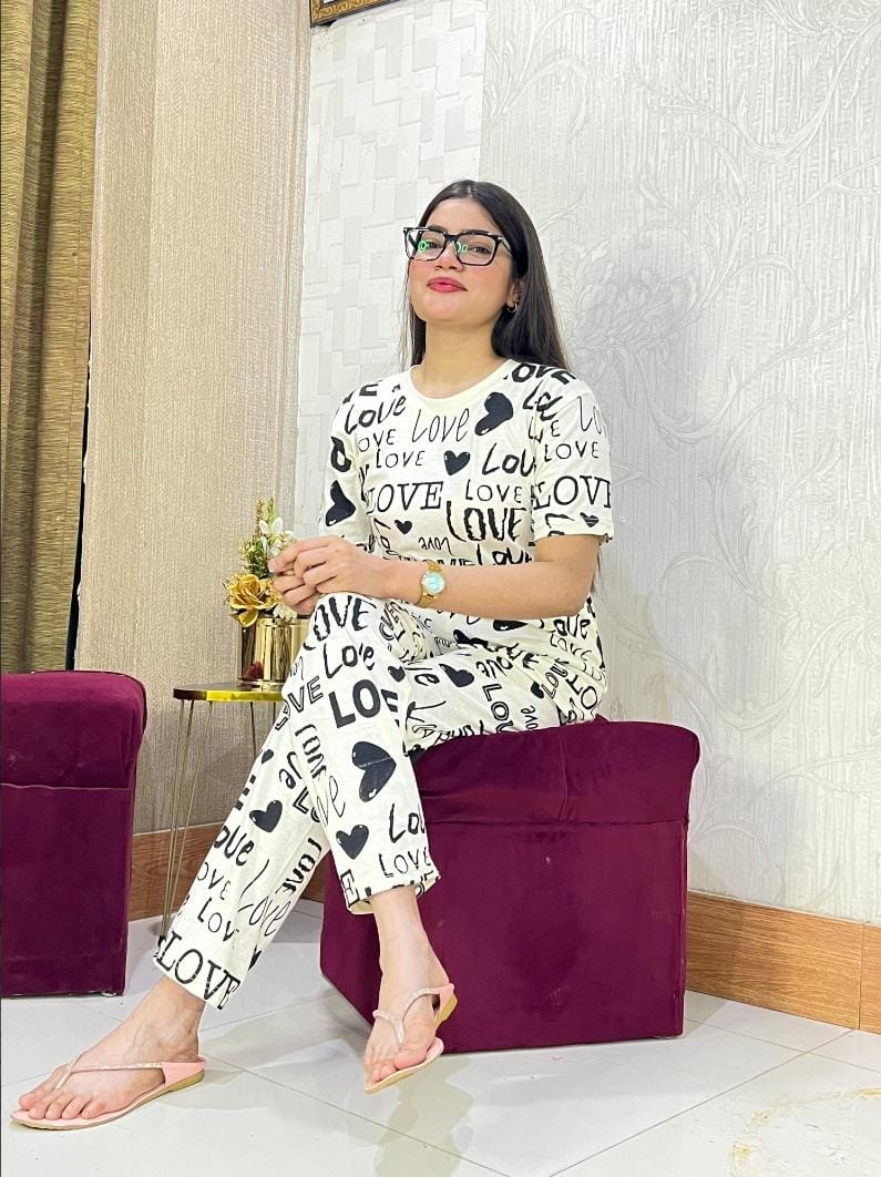White Drop Shoulder Printed Night Suit