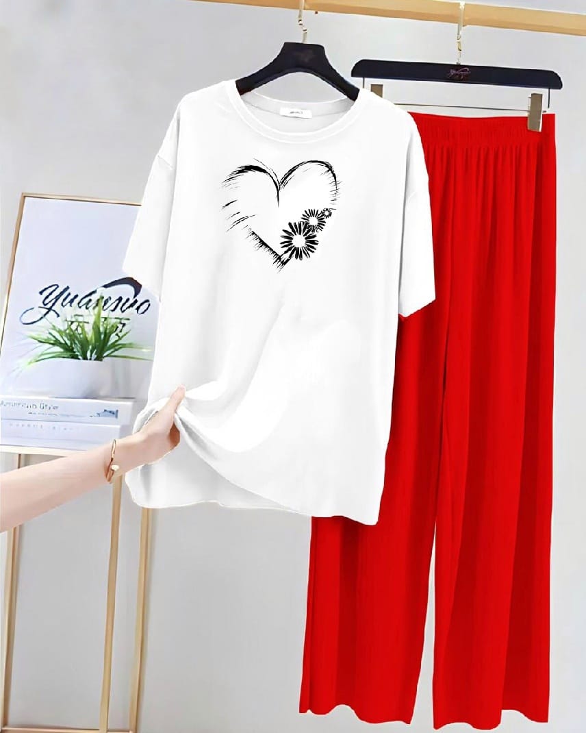 White Heart Printed and Pajama Night Suit