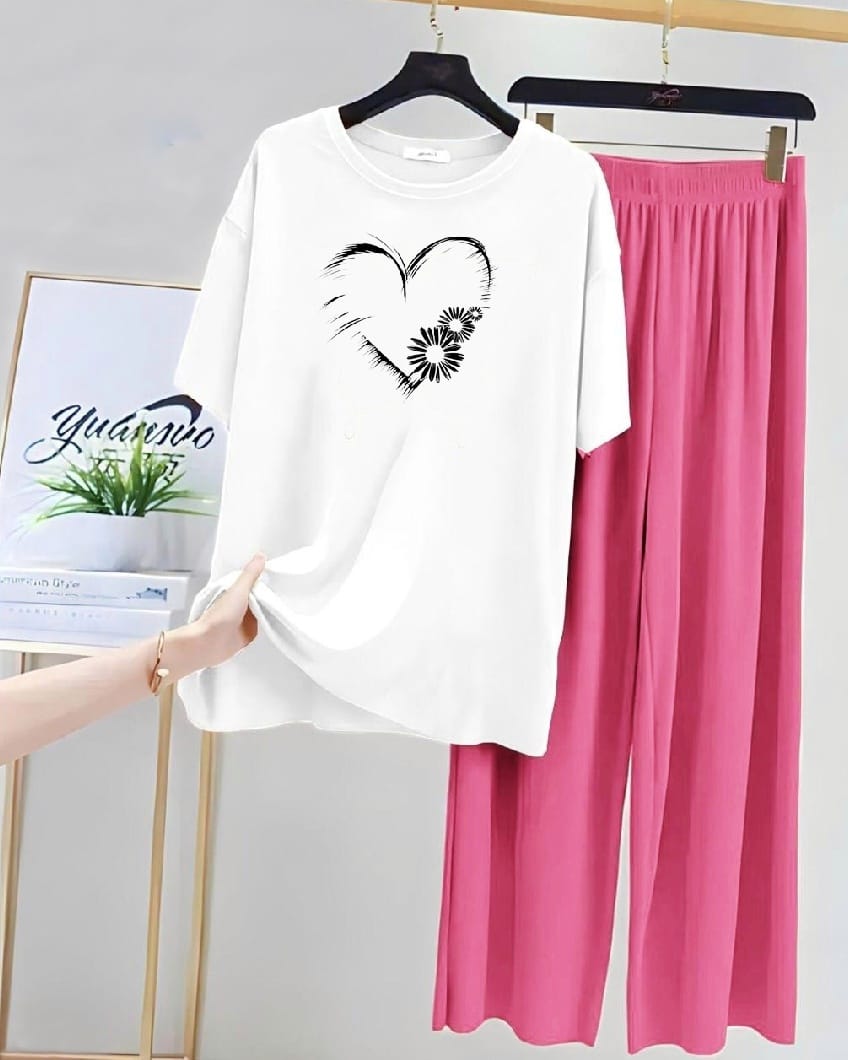 White Heart Printed and Pajama Night Suit