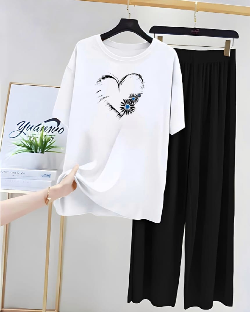 White Heart Printed and Pajama Night Suit