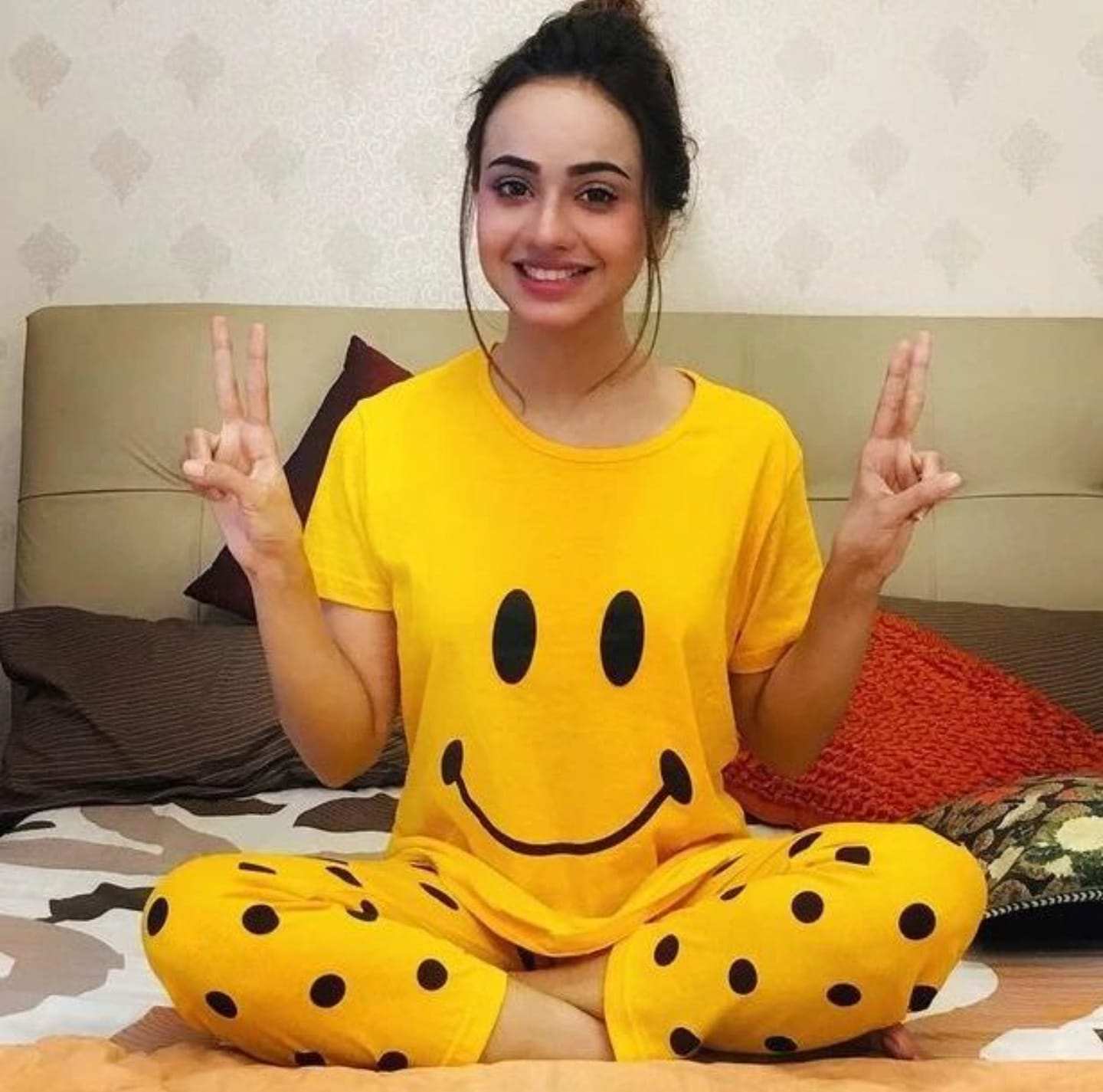 Yellow Smiley Printed Night Suit
