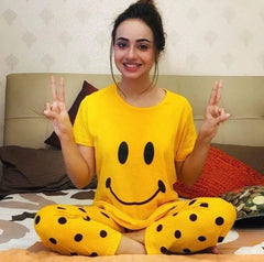 Yellow Smiley Printed Night Suit
