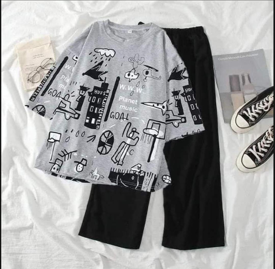 Pink planet printed  night suit