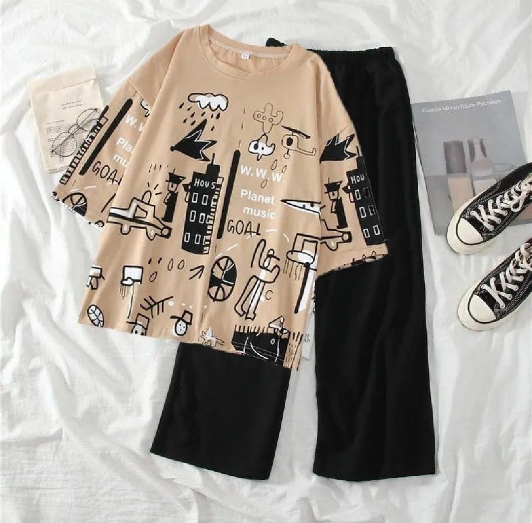 Pink planet printed  night suit